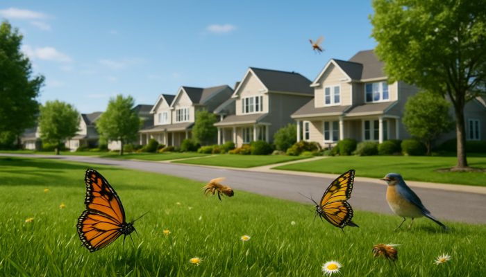 A picturesque Ilchester neighborhood showcasing vibrant lawns, butterflies, bees, and songbirds under clear skies.