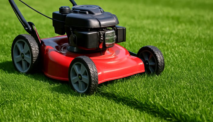 A red lawnmower with sharp blades cutting lush grass in Ilchester under sunlight