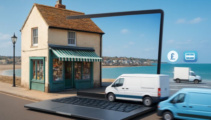 Weymouth seaside shop blending into laptop ecommerce with UK payments and delivery vans on coast
