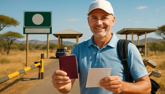 Golfer showing passport and insurance papers at South African border checkpoint amid savanna landscape