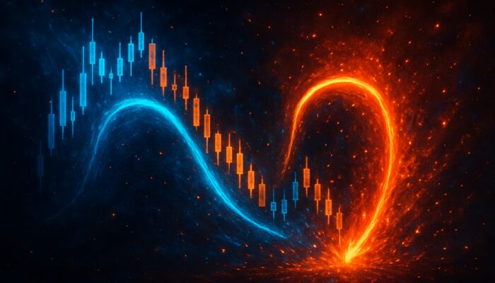 Surreal stock index reversal chart with swirling candlesticks in neon blue and orange cosmic style