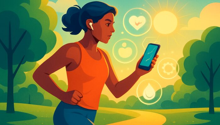 Person jogging in sunlit park checks fitness app with floating holographic health metrics.