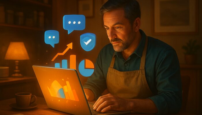 Melksham shopkeeper reviews ecommerce cost charts and support icons on glowing laptop
