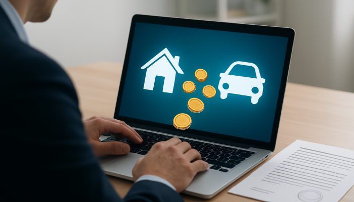 Cutting Costs to Free Money for Repayments: Proven Methods | DCL UK professional compares home and car insurance quotes on laptop, coins flowing to loan documents