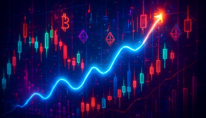 Cyberpunk digital art of glowing RSI oscillator surging on holographic trading chart with candlesticks and crypto symbols