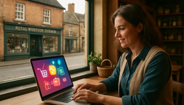 Small business owner configuring WooCommerce store on a laptop in a historic shop in Royal Wootton Bassett