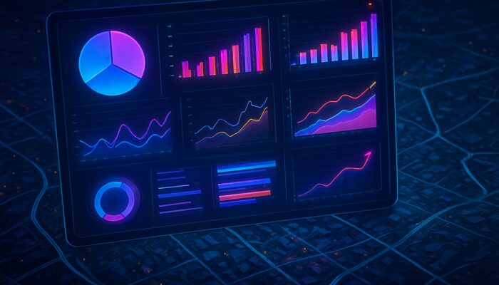 Futuristic WooCommerce analytics dashboard featuring glowing charts over a map of Royal Wootton Bassett