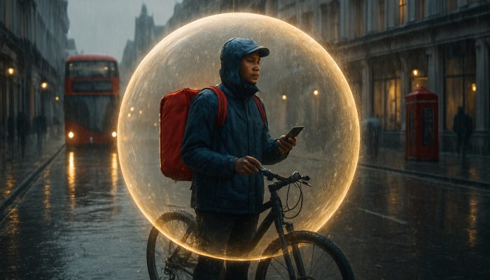 Flexible Repayment Ideas for Gig Workers: Tailored UK Plans | DCL Gig worker sheltered in glowing bubble on rainy London street, symbolizing Breathing Space debt relief
