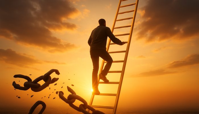 Individual ascending a golden credit score ladder, breaking free from debt chains towards a financial sunrise.