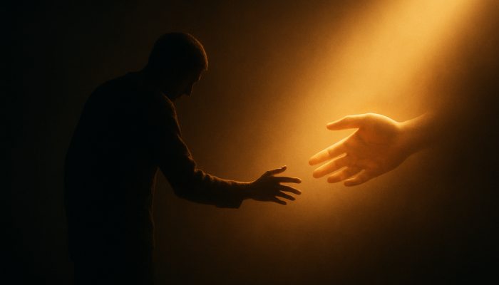 Choosing Support Instead of Hiding Problems: Practical Guide | DCL Figure emerging from shadows reaching for glowing supportive hands in light, symbolising choosing support.