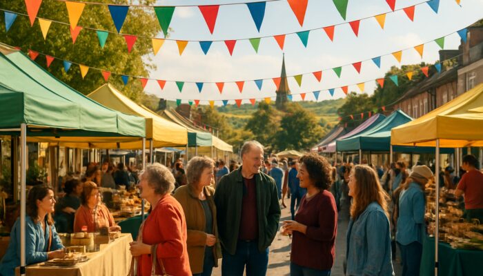 Lively Taunton market festival featuring small business stalls and locals enjoying the sunny Somerset countryside