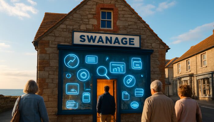 Quaint Swanage shop glowing with floating SEO icons and meta descriptions as local customers enter under bright coastal sky.