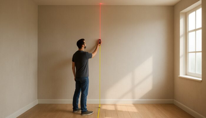 Person measuring high ceilings and level floor with tape and laser in empty room for golf simulator