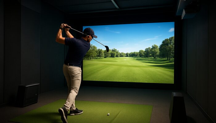 Focused golfer swings in high-tech golf simulator bay with virtual fairway screen and launch monitors.