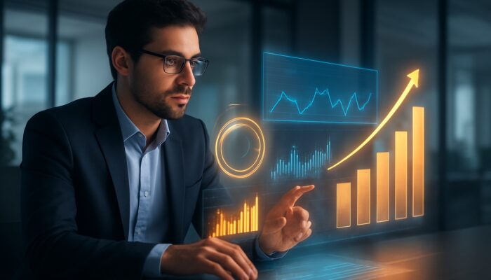 Digital marketer examining Amazon video ad performance on a holographic dashboard with vibrant ROI charts in a modern office.