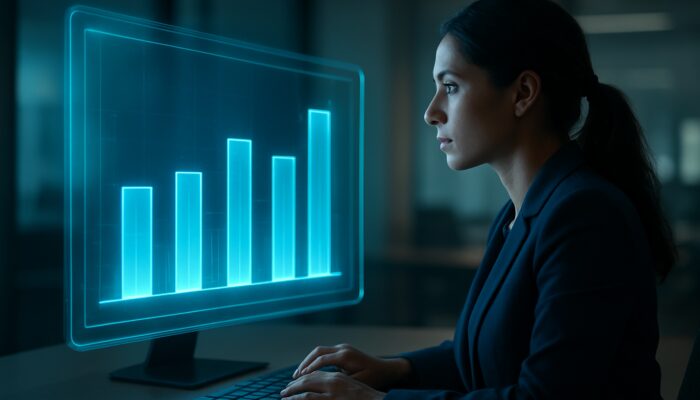 Marketer analyzing holographic dashboard displaying glowing bar charts that compare video ad engagement rates to industry benchmarks.
