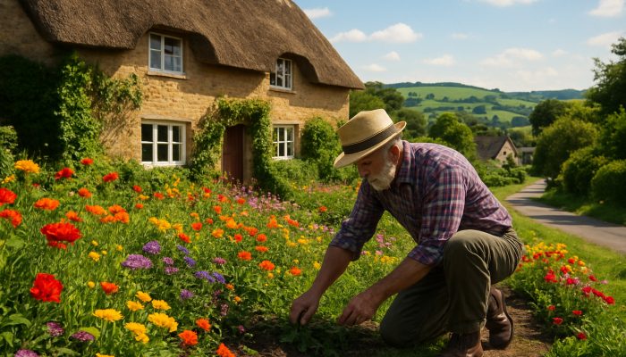 Gardener weeding colorful flowerbeds by thatched cottage in sunny Yetminster, Dorset.
