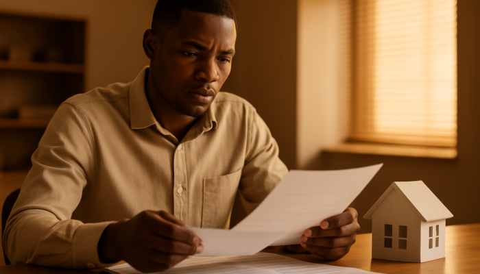 Focused South African applicant reviewing payslips and contracts for home loan at the bank.