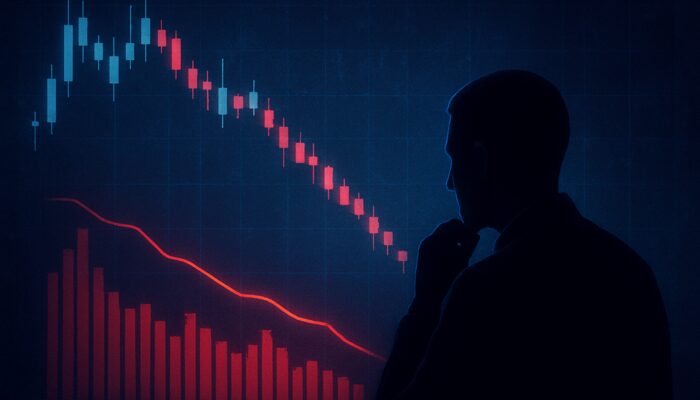 Trader examining a glowing candlestick chart with a crimson Negative Volume Index line
