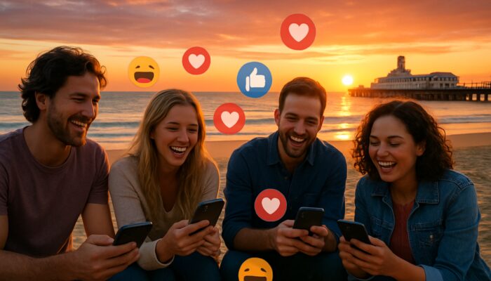 Bournemouth beach sunset with locals enjoying viral posts on phones surrounded by floating likes and a pier backdrop