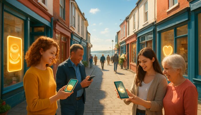 Vibrant Weymouth seaside street with glowing smartphone ads drawing locals into cozy shops under sunny skies.