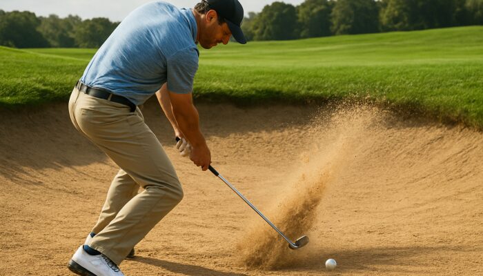 Golfer adjusting stance in sand bunker, club entering sand behind ball for fluffy or firm lie.