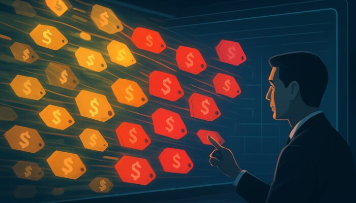 Analyst highlights tiered high-impact price tags in red on chaotic e-commerce dashboard