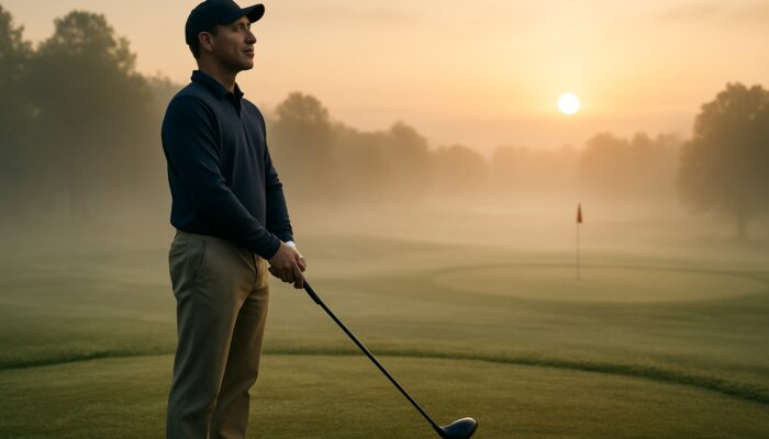 Focused golfer eyes closed practicing 4-7-8 breathing on misty dawn tee while visualizing shot.