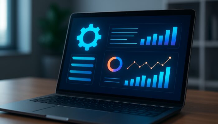 Laptop screen displaying the Pro Rank Tracker dashboard featuring SEO charts, graphs, and a setup wizard for multiple domains.