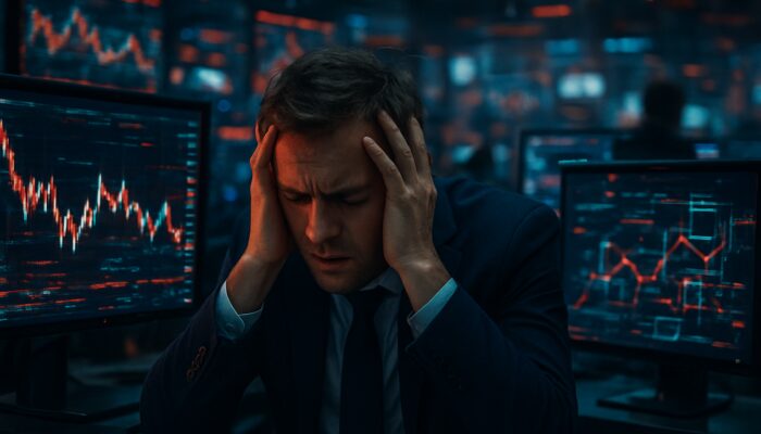 Stressed trader at flickering monitors with delayed alerts amid glitchy servers on chaotic trading floor