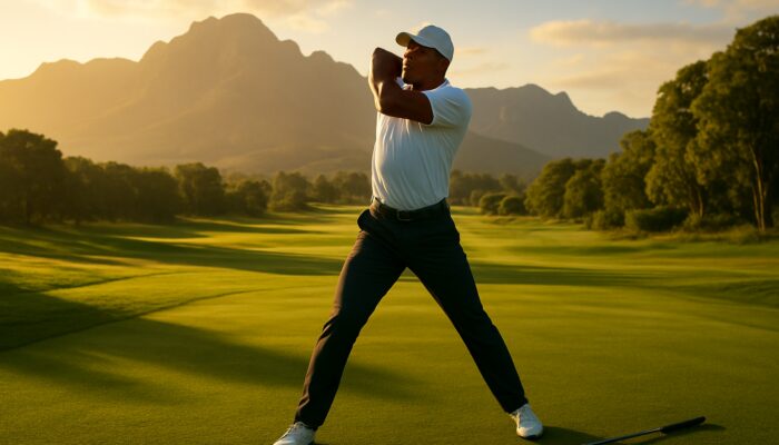South African golfer stretching shoulders and hips on sunlit Fancourt fairway with mountain backdrop