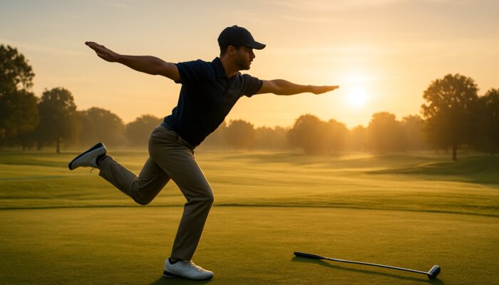 Golfer balancing on one leg during dynamic sunrise stretch on fairway to boost swing flexibility.