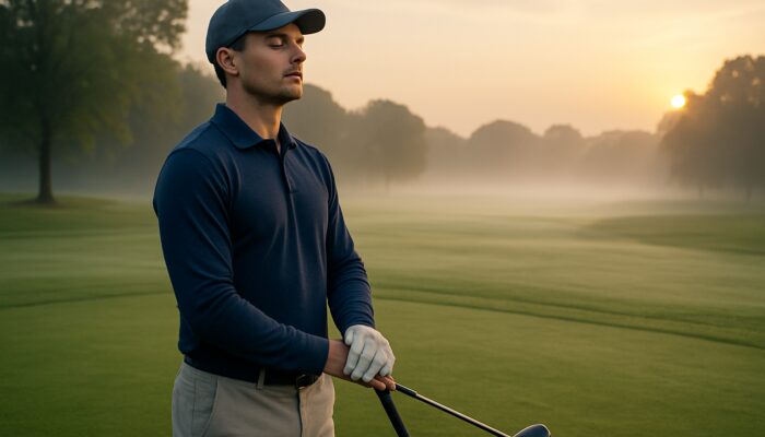 Focused golfer breathing deeply with eyes closed on misty dawn green before swing