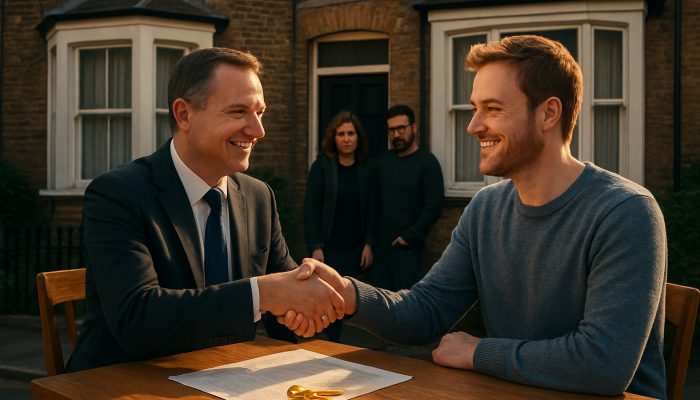 Why Some Lenders Prefer Homeowners: Insights from the UK | DCL British banker approving mortgage for a smiling homeowner outside a UK terraced house, holding golden keys