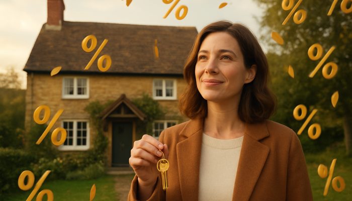 Why Some Lenders Prefer Homeowners: Insights from the UK | DCL UK homeowner with cottage keys as golden interest rates fall, symbolising mortgage savings and financial freedom.