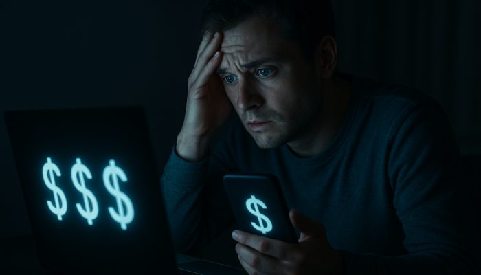 Checking All Accounts Really Show Zero: Verify Your Balances | DCL Worried person checking zero bank balances on laptop and phone in dark room