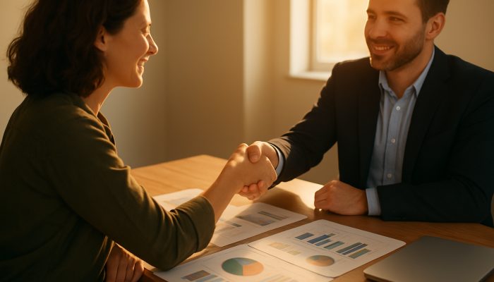 Borrower and lender shaking hands over financial charts on sunlit desk, symbolising transparent communication.