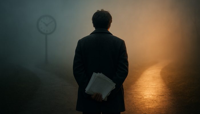 Essential Steps to Consider When Managing Debts | DCL Individual at a misty crossroads holding overdue bills, torn between unclear "wait" and promising "act now" debt paths.
