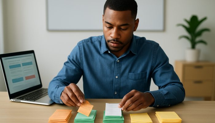 Preparing Statements if Your Spending Looks Risky | DCL Person sorting colourful receipts into groceries, travel, and entertainment piles beside laptop showing Barclays and HSBC alerts.