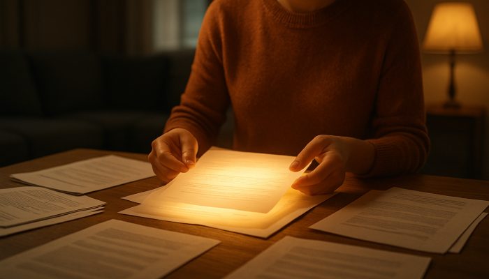 Renter consolidating scattered debt papers into one glowing document on wooden table in cozy apartment