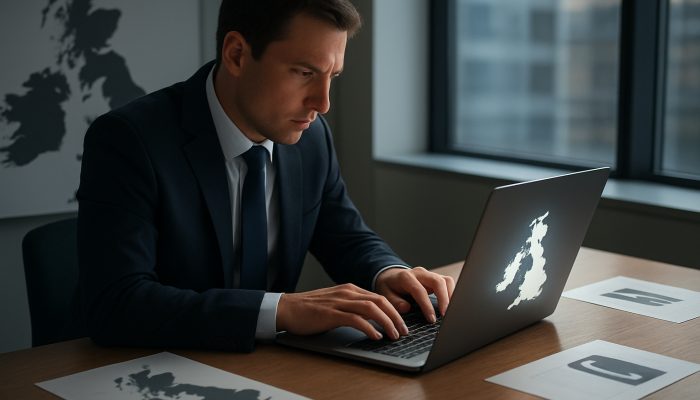 Double Checking Contact Details for Firms: UK Guide | DCL Professional double-checking firm contact details on laptop in modern London office with maps and documents