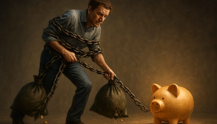 Cost Comparisons Between Remortgage and Loan: UK Guide | DCL Worried homeowner chained by early repayment charges drags leaking money bags from glowing savings pot.